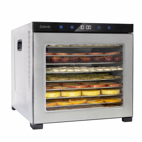 Sušička ovoce a zeleniny - příkon 1100 W, pro sušení masa, hub, bylinek, čaje, 10 plat, rozměry plata 39,4 cm × 39,4 cm (Š×H), digitální ovládání, možnost automatického vypnutí, s časovačem, regulovatelná teplota od 35 do 75 °C, vertikální proudění vzduchu, nerezová plata, materiál sušičky nerez, síťky na drobné potraviny a odkapávací tác součástí balení, rozměry 41,5 × 43 × 53,2 cm