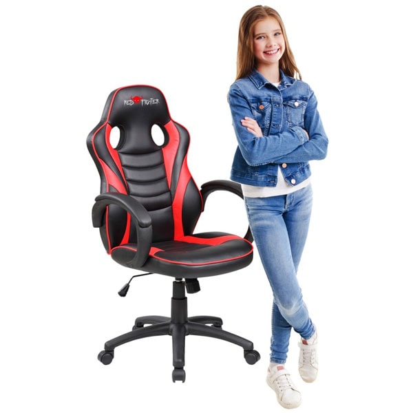 Dívka stojící vedle ergonomické dětské herní židle Red Fighter C6, ukázka vhodné volby při rozhodování, jak vybrat dětskou židli k psacímu stolu.