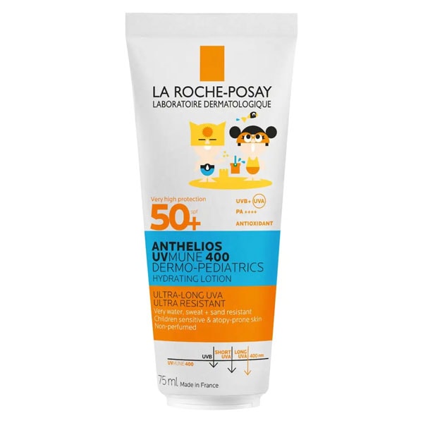 bezpečný vhodný opalovací krém pro děti La Roche-Posay Anthelios Dermo-pediatrics Hydratační mléko SPF 50+ 75 ml