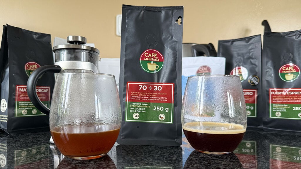 Espresso směs 70/30 Arabica a Robusta od Cafe Montaña v praktickém balení – Cafe Montana recenze, zrnková káva ideální na ranní espresso.