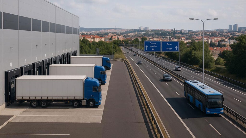 Distribuční centrum s kamiony připravenými k nakládce u dálnice – ukázka efektivního logistického napojení skladu na hlavní dopravní tahy v Praze. (AI generovaný obrázek)